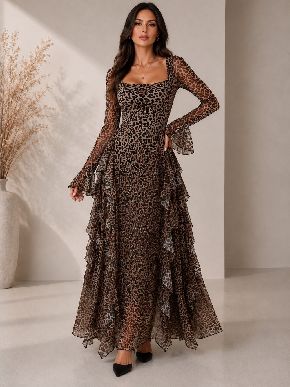 53- NEW‎ Elegant Leopard Print Long Sleeve Dress